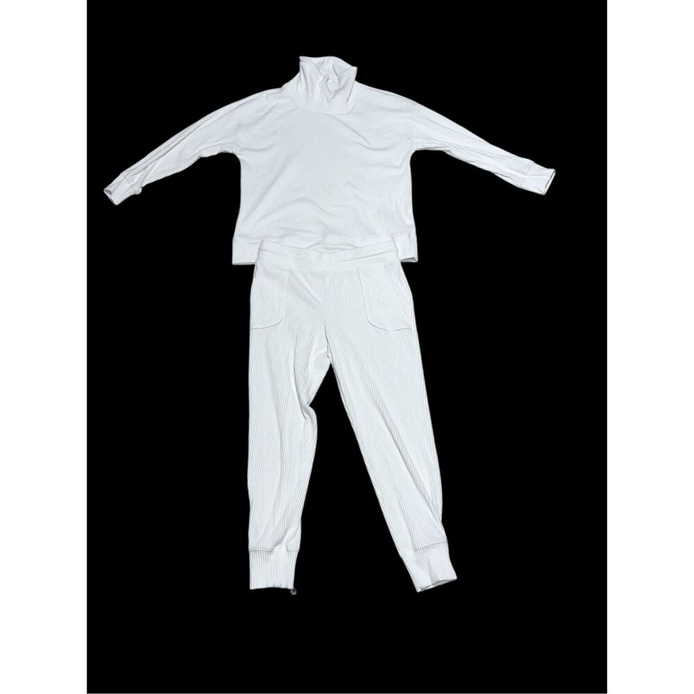 Women's White Ribbed Turtleneck Top and Jogger Set